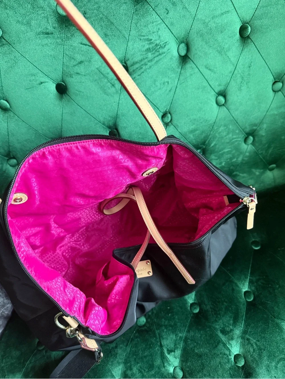 Kate Spade Large Nylon Tote Weekender Travel Bag Black Pink Lining Crossbody
